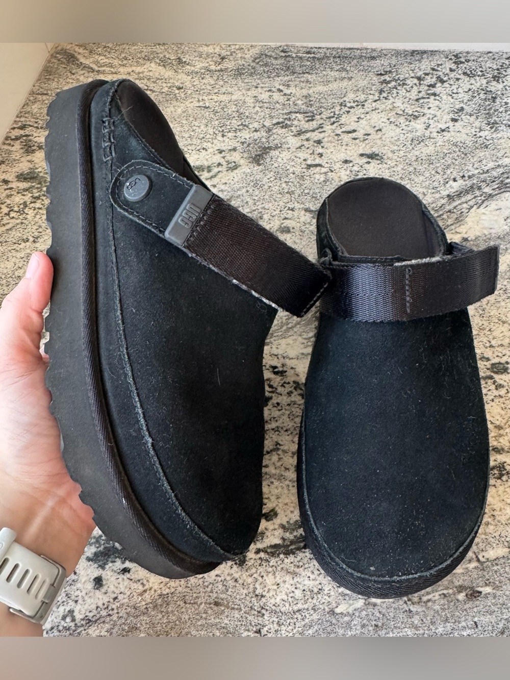 UGG Goldenstar Clog in black suede. Women’s size 9.5. EUC!